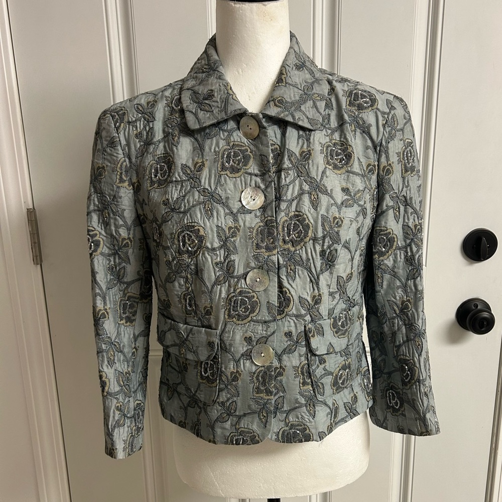 Vintage Earl Rafenberg Silk Slate Blue Beaded Blazer XS